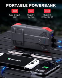 Povasee 6000A 12V autóindító power bank ugrókábelekkel, LED, 2 USB kimenet, fekete piros, benzin 10L, dízel 8L 3