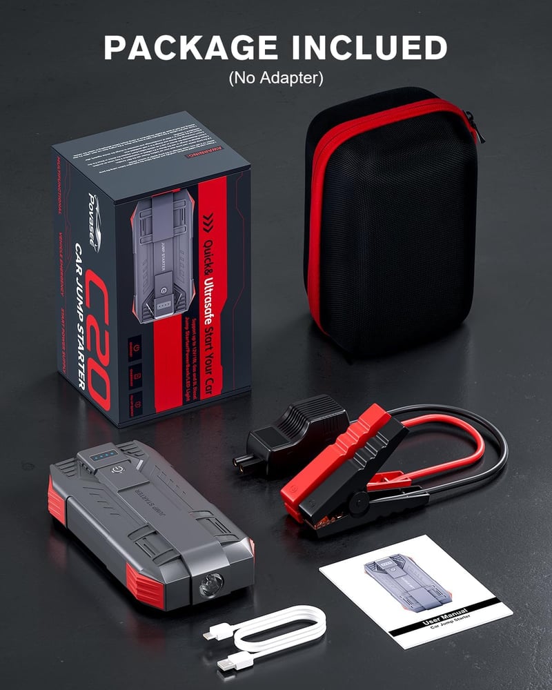 Povasee 6000A 12V autóindító power bank ugrókábelekkel, LED, 2 USB kimenet, fekete piros, benzin 10L, dízel 8L