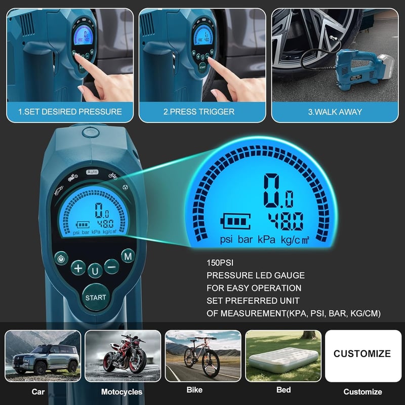 Powarobor 18V Akkumulátoros Kompresszor Makita Akkuhoz, Autó Kerékpár Motorkerékpár Pumpa LED