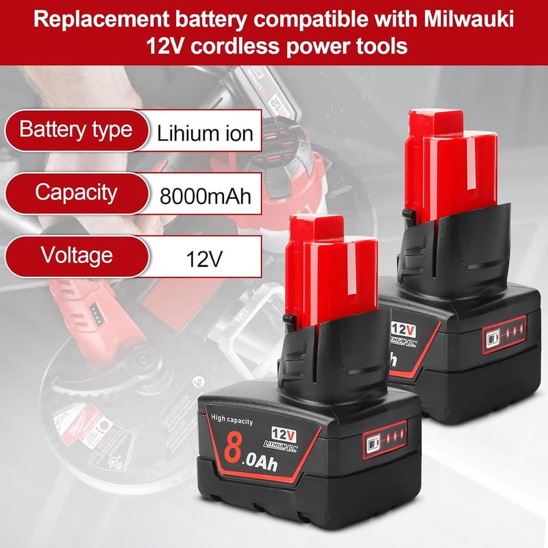 Powarobor M12 12V 8.0Ah Li-Ion Akkumulátor Milwaukee Szerszámokhoz 2db