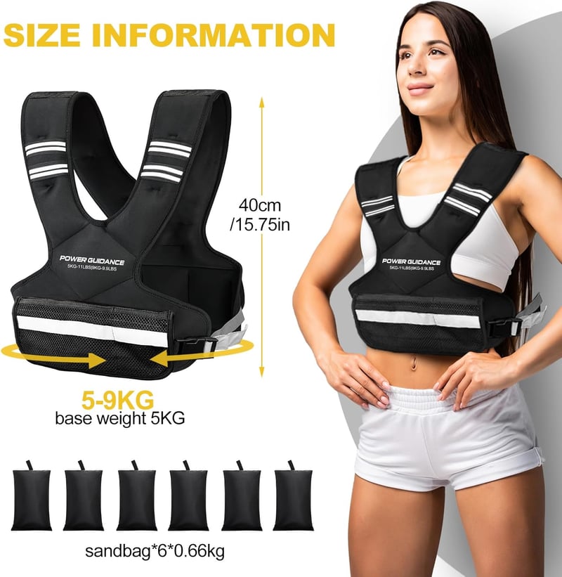 POWER GUIDANCE Súlyozott Edzőmellény 5-9 kg Állítható Futó és Erősítő Edzéshez Reflexcsíkos - Black - 5-9 kg