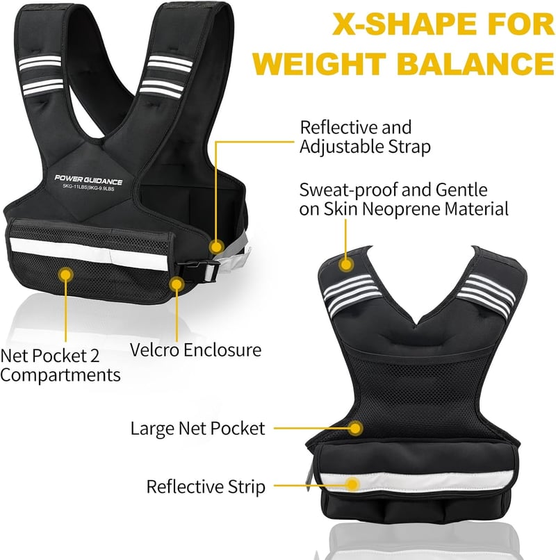 POWER GUIDANCE Súlyozott Edzőmellény 5-9 kg Állítható Futó és Erősítő Edzéshez Reflexcsíkos - Black - 5-9 kg