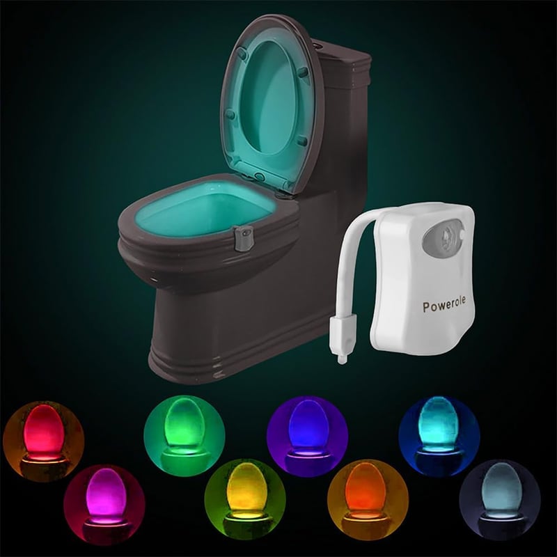 Powerole LED WC Világítás Mozgásérzékelővel - 8 Színű Fényváltós Toalett Lámpa, Elemes Fürdőszobai Éjszakai Fény Gyerekeknek