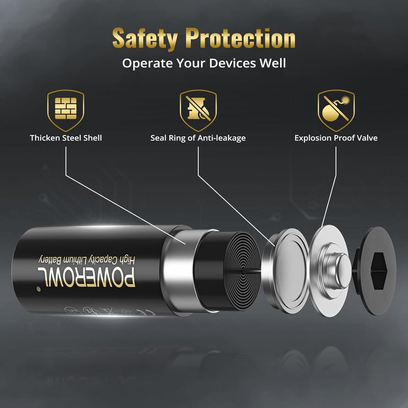 POWEROWL CR123A Lítium Elem 3V - 6 db-os Csomag, 1300 mAh Nagy Kapacitású Tartós Akkumulátor Kamerákhoz, Lámpákhoz, Riasztókhoz