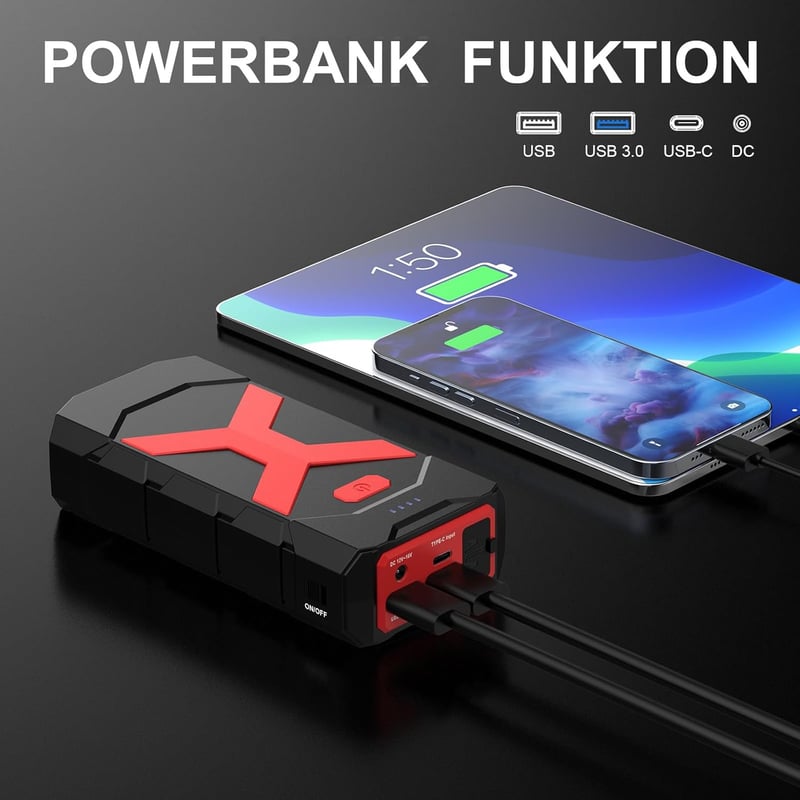 POWKEY 2000A Autó Indítóakkumulátor, 20000 mAh, Benzin Dízel Booster Power Bank LED USB Piros