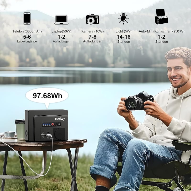 Powkey 26400 mAh hordozható erőmű 100W AC aljzattal és 65W USB-C töltéssel