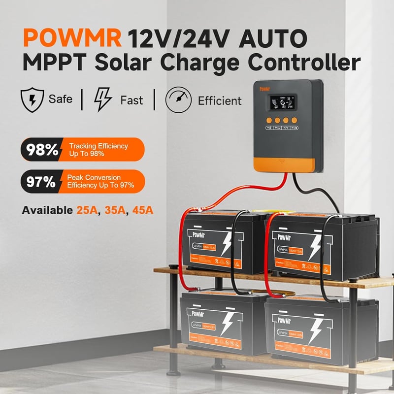 PowMr MPPT Napelem Töltésvezérlő 45A 12V/24V Autóhoz, Ólom-Sav és Lítium Akkumulátorokhoz, 80V Max PV Bemenet