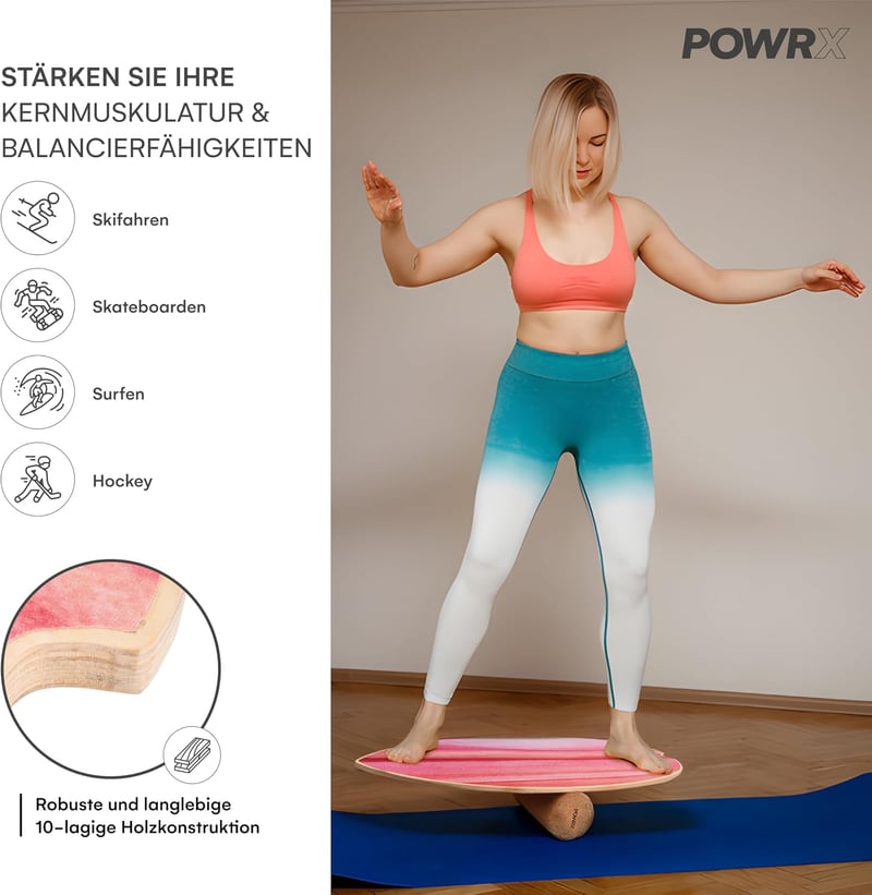 POWRX fa surf egyensúlyozó deszka görgőkkel, balance skateboard kerékkel a surfboard készségfejlesztéshez beltéri kültéri