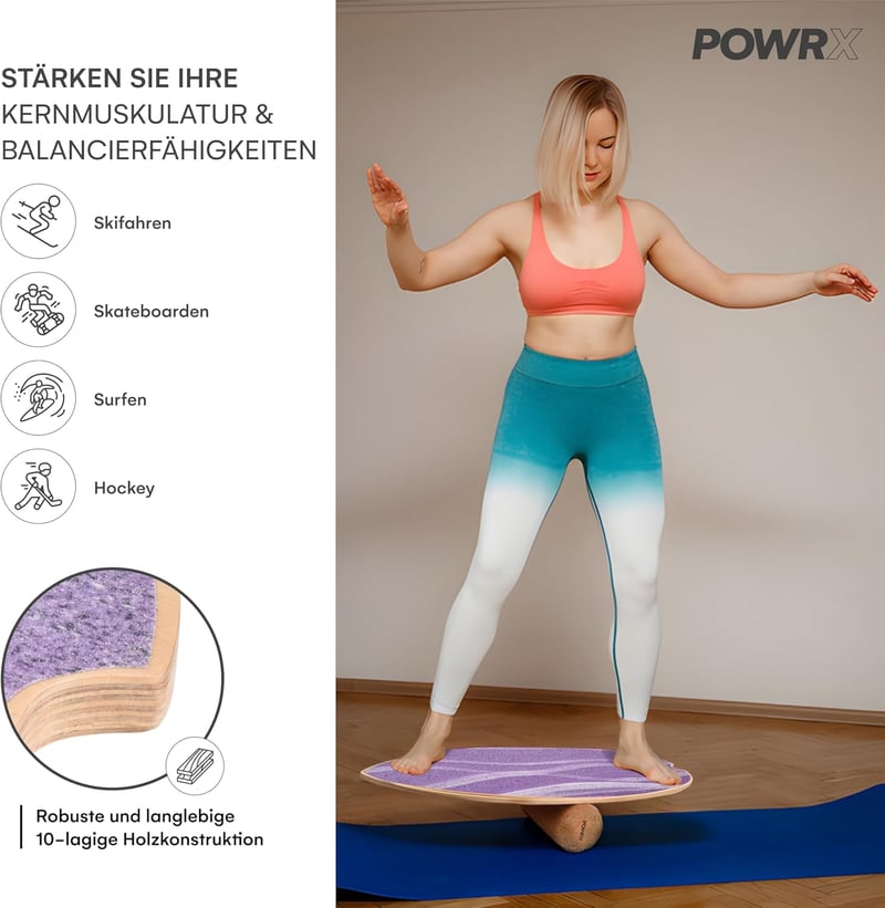 POWRX Surf Balance Board fa egyensúlyozó deszkasíkkal, koordinációs edzéshez