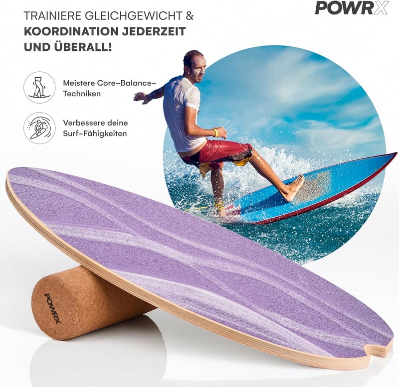 POWRX Surf Balance Board fa egyensúlyozó deszkasíkkal, koordinációs edzéshez