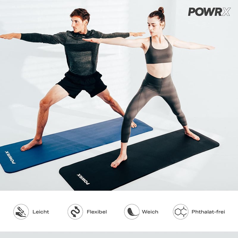 POWRX Tornaszőnyeg jóga és pilates gyakorlómat csúszásmentes fthalátmentes, 90 x 60 x 1.5 cm fekete hordpánttal táskával és gyakorlatplakátt
