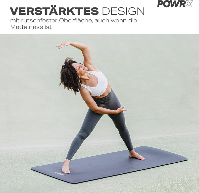 POWRX Tornaszőnyeg jóga és pilates gyakorlómat csúszásmentes fthalátmentes, 90 x 60 x 1.5 cm fekete hordpánttal táskával és gyakorlatplakátt