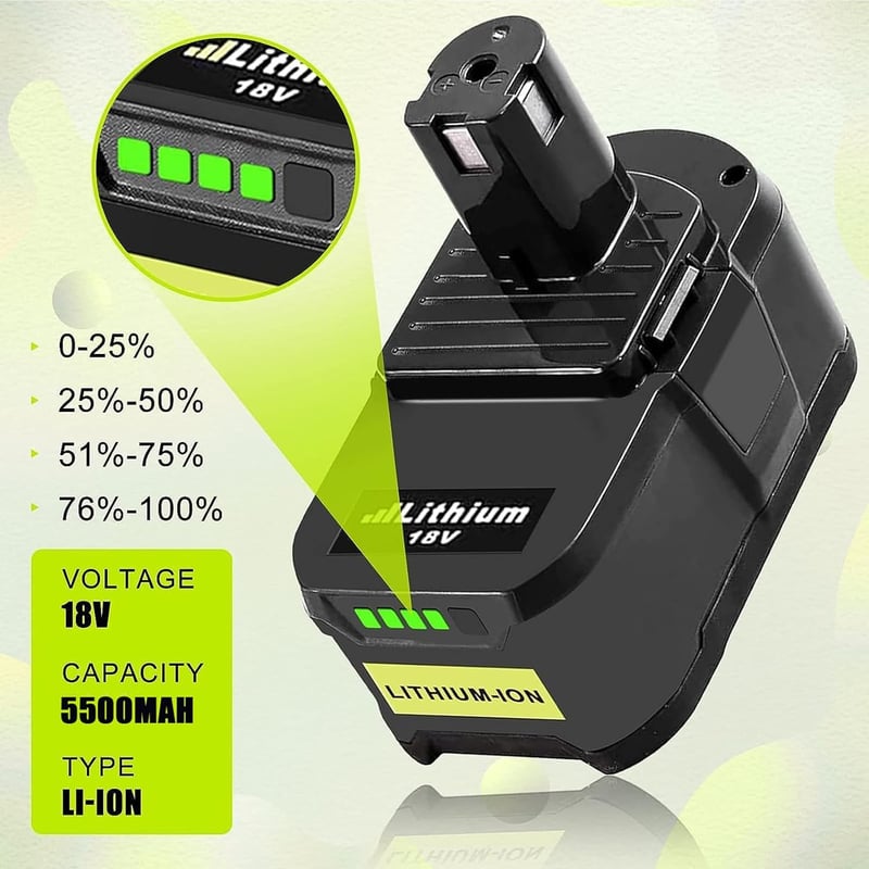 Powtree 2x 18V 5500mAh Ryobi ONE+ Akkumulátor LED kijelzővel