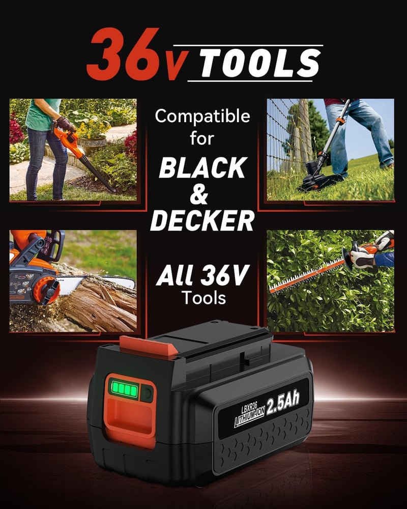 Powtree 36V 2500mAh akkumulátor Black and Decker szerszámokhoz LBXR36