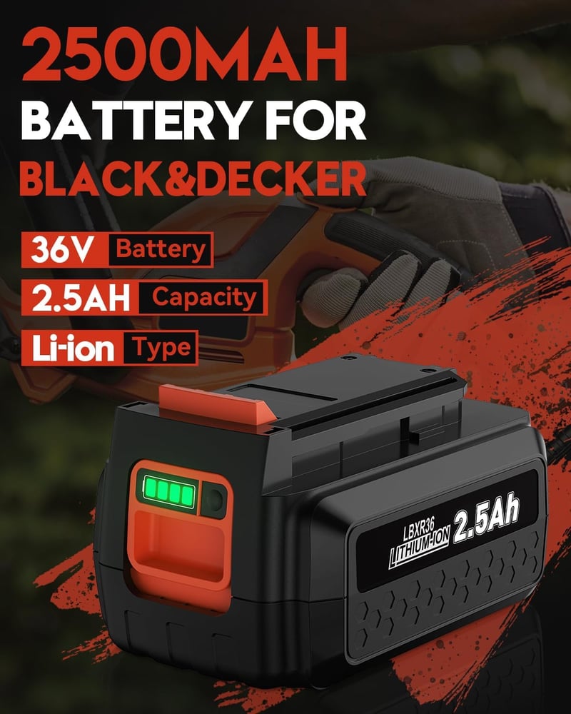 Powtree 36V 2500mAh akkumulátor Black and Decker szerszámokhoz LBXR36