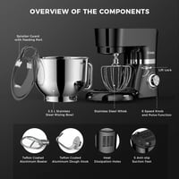 POWWA Konyhai Robotgép 5,5L 1500W Dagasztógép 6+1 Sebességfokozat Habverő Dagasztóhorog Fekete Multifunkciós Mixer 5