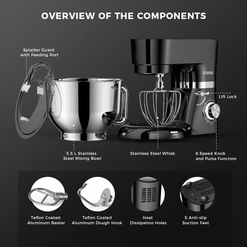 POWWA Konyhai Robotgép 5,5L 1500W Dagasztógép 6+1 Sebességfokozat Habverő Dagasztóhorog Fekete Multifunkciós Mixer