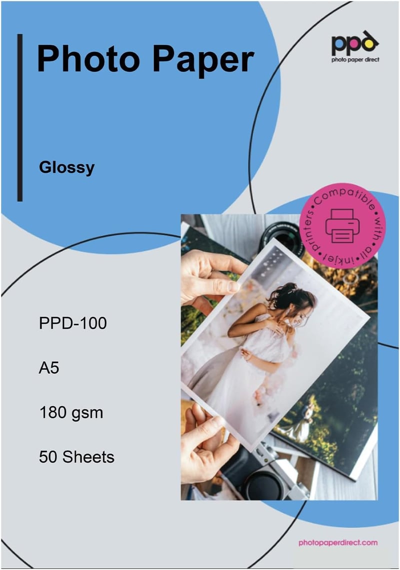 PPD A5 Prémium Fotópapír - 50 db Magasfényű Inkjet Papír 180g - Vízálló és Azonnal Száradó Fotónyomtatáshoz