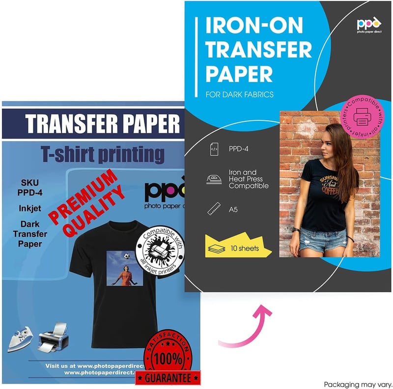 PPD A5 Prémium Vasalható Transzferpapír Sötét Textilekhez - 10 lapos szett, Tintasugaras nyomtatókhoz, Pólóra, Textilre