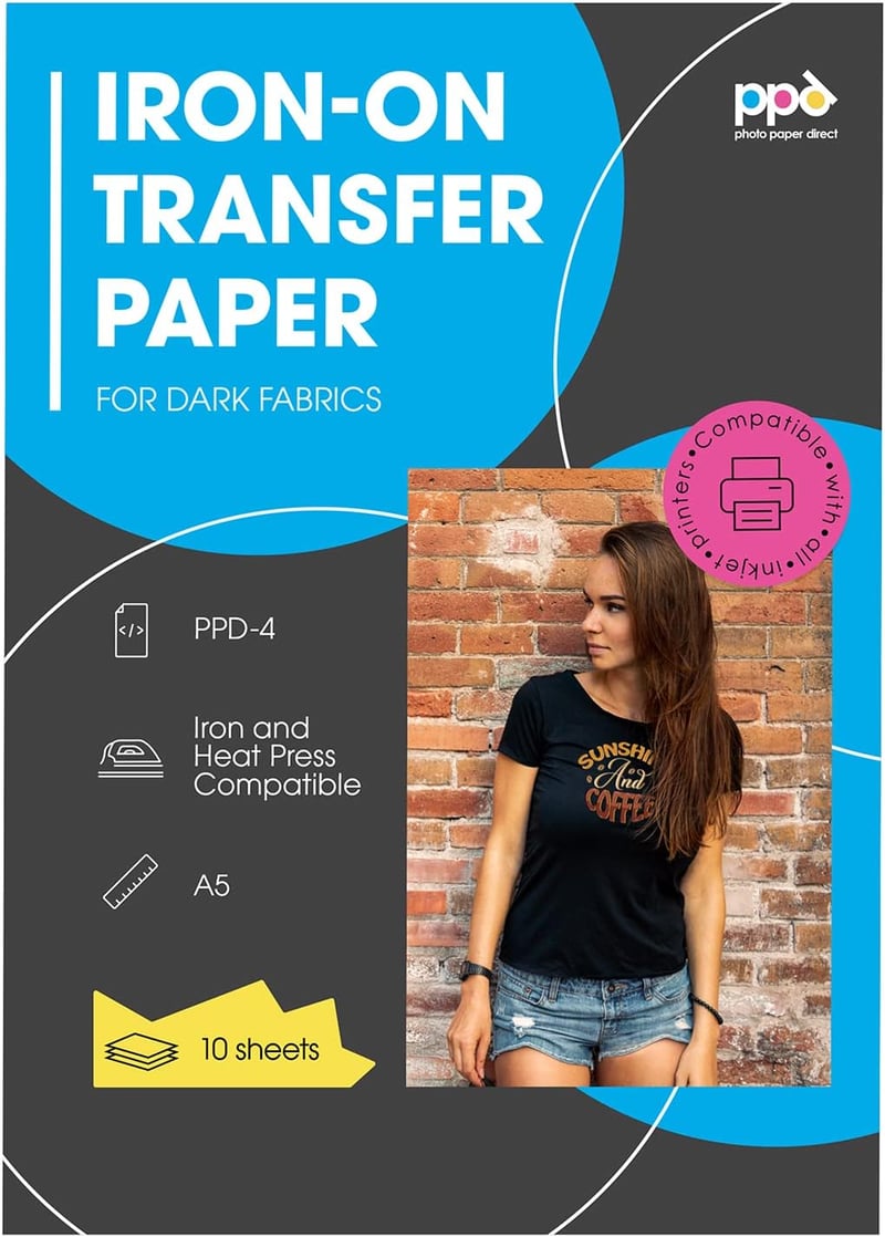 PPD A5 Prémium Vasalható Transzferpapír Sötét Textilekhez - 10 lapos szett, Tintasugaras nyomtatókhoz, Pólóra, Textilre