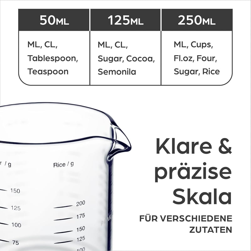 Praknu Üveg Mérőpohár Szett 50ml 125ml 250ml Mikrózható Hőálló