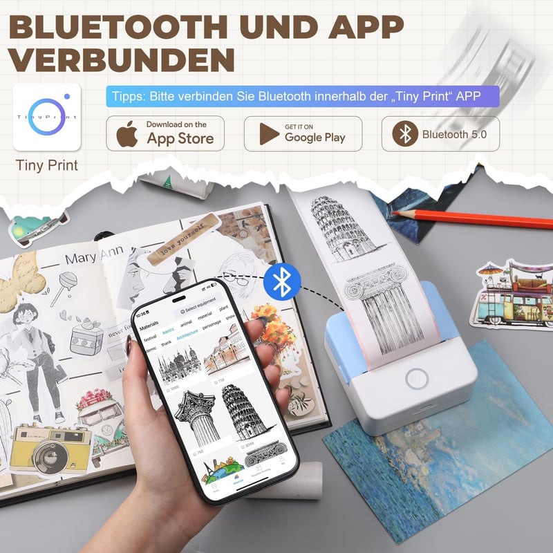 PRAOAHEI hordozható fotónyomtató Bluetooth, termikus nyomtató iOS Android kék