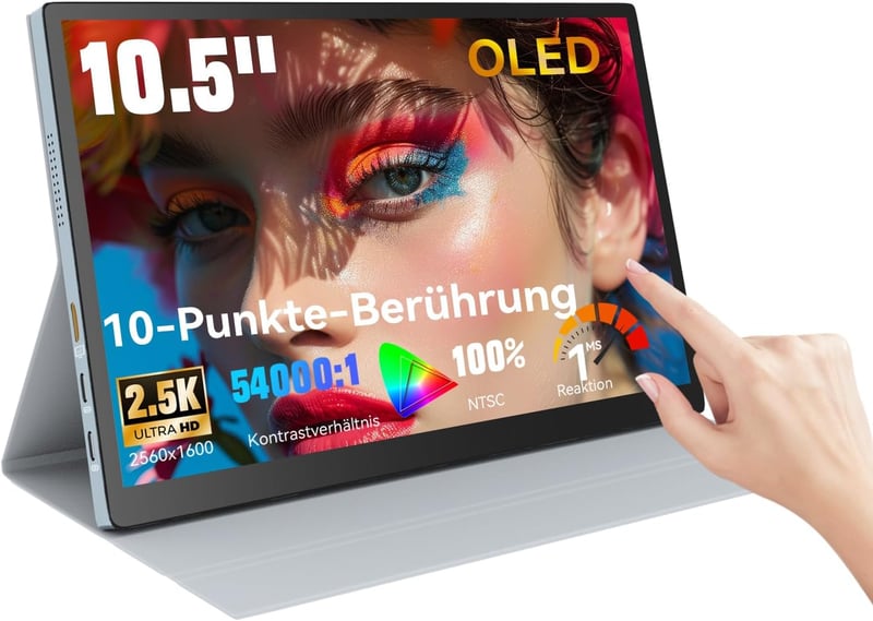 Prechen 10,5" OLED Érintőképernyős Hordozható Monitor 2,5K Felbontással, Beépített Hangszóróval, USBC/HDMI Csatlakozással Laptophoz, Telefon
