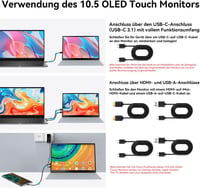 Prechen 10,5" OLED Érintőképernyős Hordozható Monitor 2,5K Felbontással, Beépített Hangszóróval, USBC/HDMI Csatlakozással Laptophoz, Telefon 3