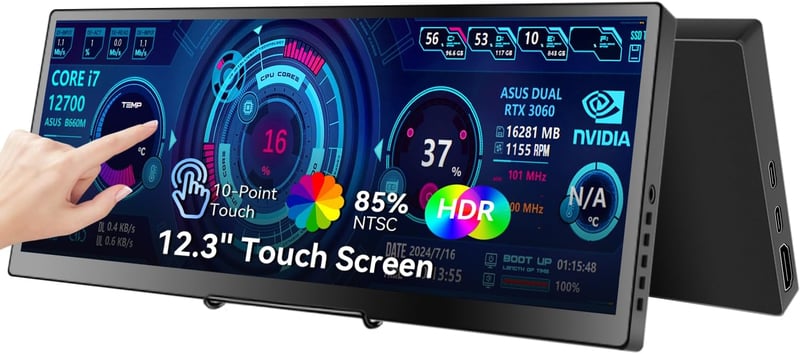 Prechen 12.3" hordozható érintőképernyős monitor 1920x720 IPS, összecsukható állvánnyal és hangszóróval