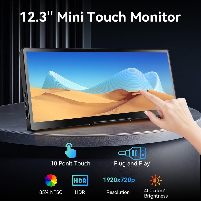 Prechen 12.3" hordozható érintőképernyős monitor 1920x720 IPS, összecsukható állvánnyal és hangszóróval