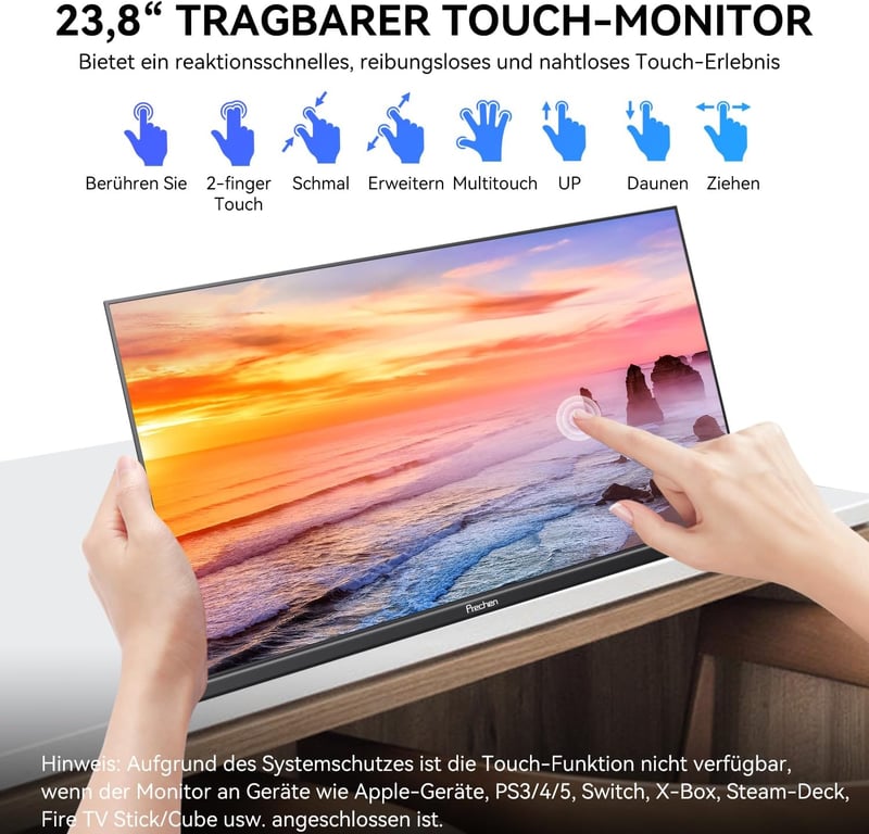 Prechen 23.8" hordozható érintőképernyős monitor USB-C HDMI 1080P