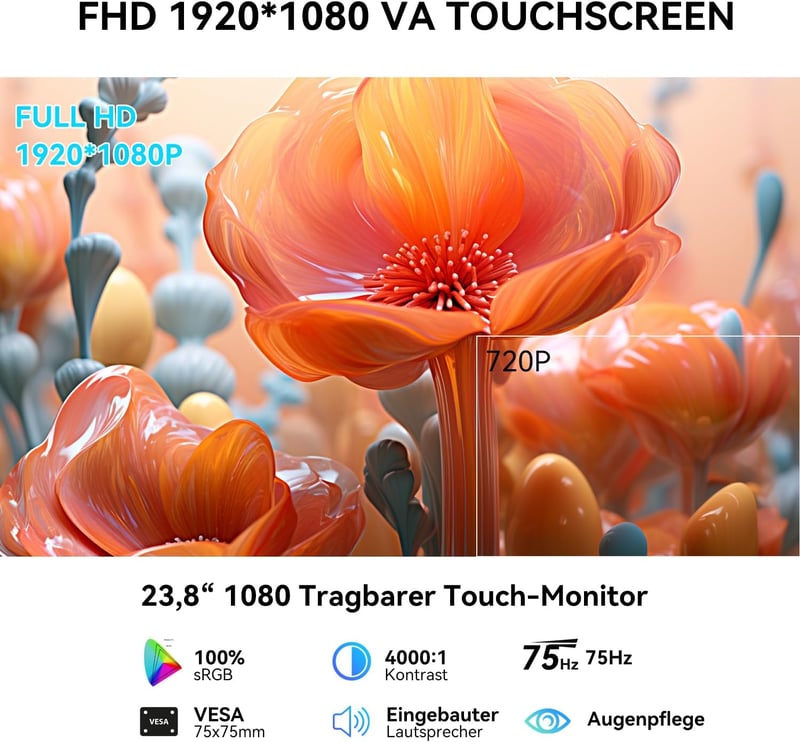 Prechen 23.8" hordozható érintőképernyős monitor USB-C HDMI 1080P