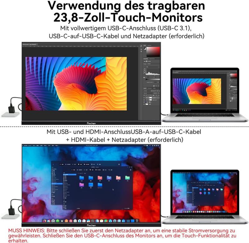Prechen 23.8" hordozható érintőképernyős monitor USB-C HDMI 1080P