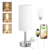PreeOtti dodirna stolna lampa s prigušivanjem, USB A+C priključkom za punjenje, s bijelim lanenim sjenilom, noćna svjetiljka za spavaću sobu, dnevni boravak, dječju sobu, ured, sa žaruljom 9