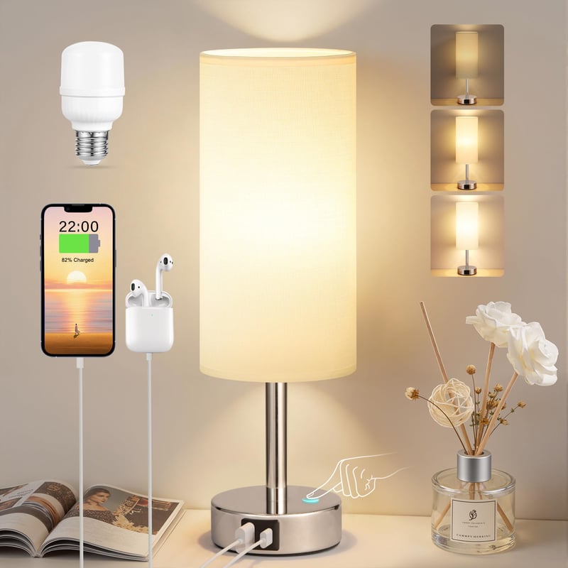 PreeOtti dodirna stolna lampa s prigušivanjem, USB A+C priključkom za punjenje, s bijelim lanenim sjenilom, noćna svjetiljka za spavaću sobu, dnevni boravak, dječju sobu, ured, sa žaruljom