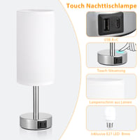 PreeOtti dodirna stolna lampa s prigušivanjem, USB A+C priključkom za punjenje, s bijelim lanenim sjenilom, noćna svjetiljka za spavaću sobu, dnevni boravak, dječju sobu, ured, sa žaruljom 7