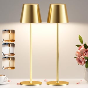 PreeOtti Lampă de masă LED fără fir pentru exterior, cu control tactil, reîncărcabilă prin USB-C, reglabilă, 3 temperaturi de culoare, set de 2, auriu