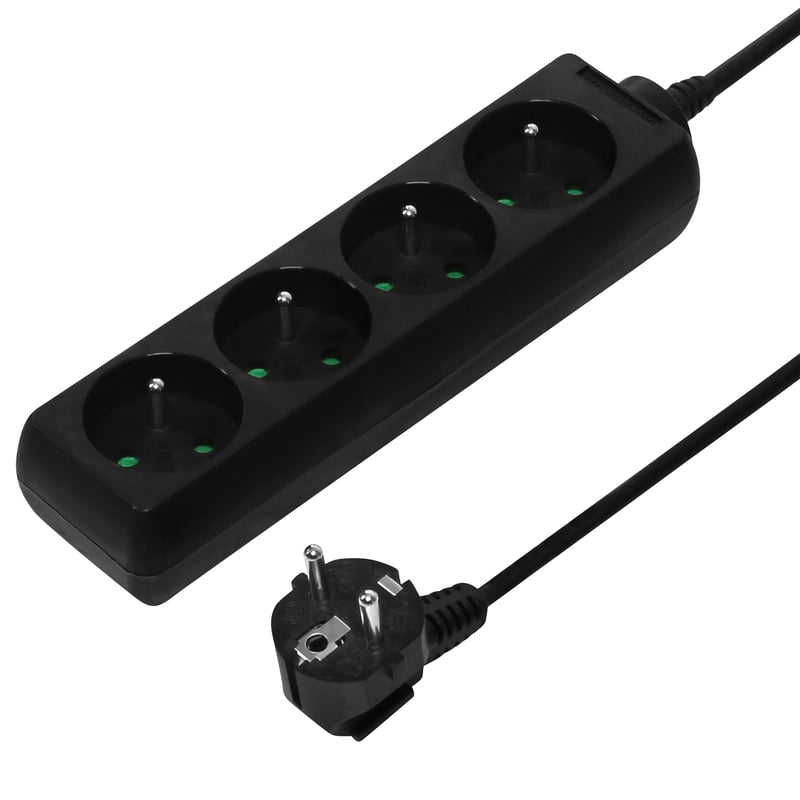Prelungitor PremiumCord cu cablu de 3 m, 4 prize, 230V, prize cu contact de protecție la 45°, protecție pentru copii, negru