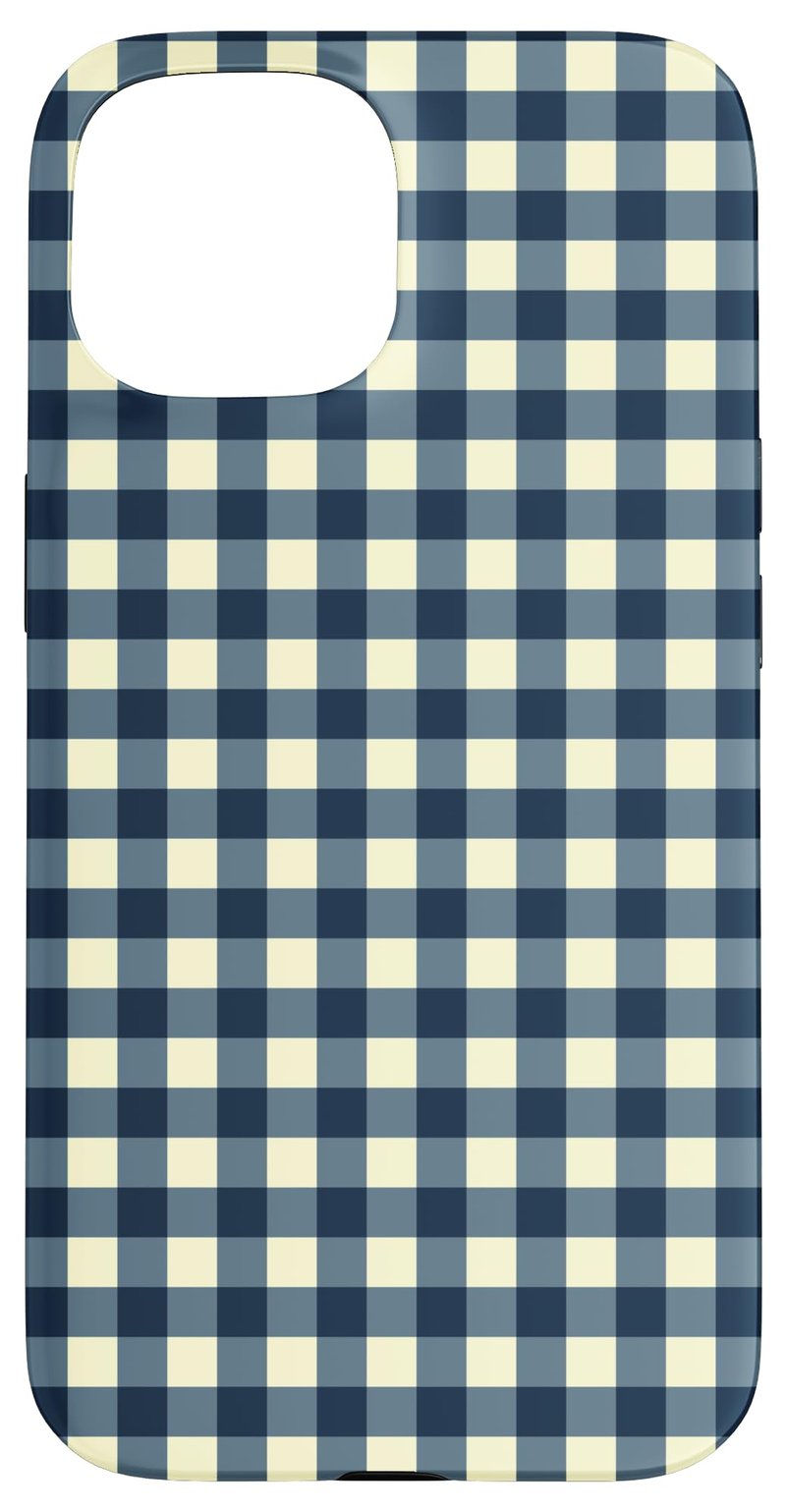 Obal na iPhone 15 s preppy gingham vzorom – námornícka modrá a krémová kockovaná potlač
