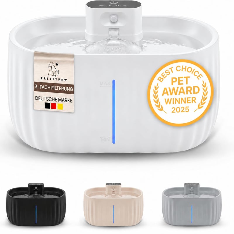 Bezdrôtová fontána pre mačky PrettyPaw Aqua Sense so snímačom pohybu, 3-litrová nádrž, s filtrom, 45-dňová výdrž batérie, biela