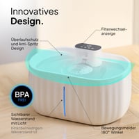Bezdrôtová fontána pre mačky PrettyPaw Aqua Sense so snímačom pohybu, 3-litrová nádrž, s filtrom, 45-dňová výdrž batérie, biela 2