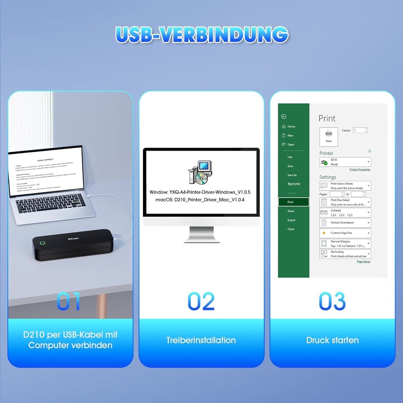 Pristar D210 Hordozható Termál Nyomtató A4 - iOS/Android/PC Kompatibilis - Bluetooth Vezeték Nélküli Nyomtató Otthonra, Irodába, Utazáshoz -