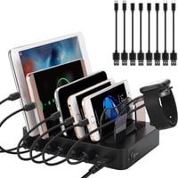 Stație de încărcare USB PRITEK cu 6 porturi, cu încărcare rapidă de 5V 3A și porturi de încărcare de 5V 2.4A, cu 8 cabluri USB scurte pentru telefoane și tablete 1