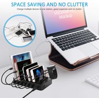 Stație de încărcare USB PRITEK cu 6 porturi, cu încărcare rapidă de 5V 3A și porturi de încărcare de 5V 2.4A, cu 8 cabluri USB scurte pentru telefoane și tablete 5