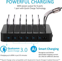 Stație de încărcare USB PRITEK cu 6 porturi, cu încărcare rapidă de 5V 3A și porturi de încărcare de 5V 2.4A, cu 8 cabluri USB scurte pentru telefoane și tablete 2