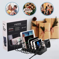 Stație de încărcare USB PRITEK cu 6 porturi, cu încărcare rapidă de 5V 3A și porturi de încărcare de 5V 2.4A, cu 8 cabluri USB scurte pentru telefoane și tablete 6