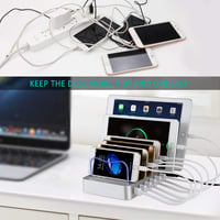 Stație de încărcare USB-C de birou PRITEK cu 6 porturi, incluzând 6 cabluri USB-C scurte pentru mai multe dispozitive, telefoane, tablete, căști, MP3, MP4, argintiu 4