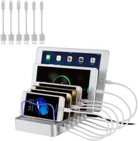 Stație de încărcare USB-C de birou PRITEK cu 6 porturi, incluzând 6 cabluri USB-C scurte pentru mai multe dispozitive, telefoane, tablete, căști, MP3, MP4, argintiu 1