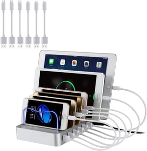Stație de încărcare USB-C de birou PRITEK cu 6 porturi, incluzând 6 cabluri USB-C scurte pentru mai multe dispozitive, telefoane, tablete, căști, MP3, MP4, argintiu
