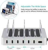 Stație de încărcare USB-C de birou PRITEK cu 6 porturi, incluzând 6 cabluri USB-C scurte pentru mai multe dispozitive, telefoane, tablete, căști, MP3, MP4, argintiu 6